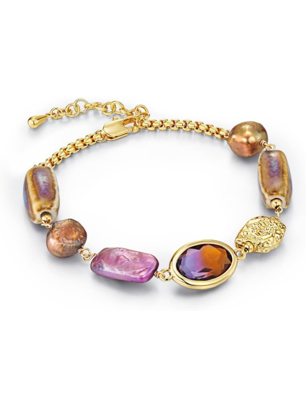 Gold Plated Beaded Bracelet for Women - Adjustable Pearl & Turquoise Chunky Boho